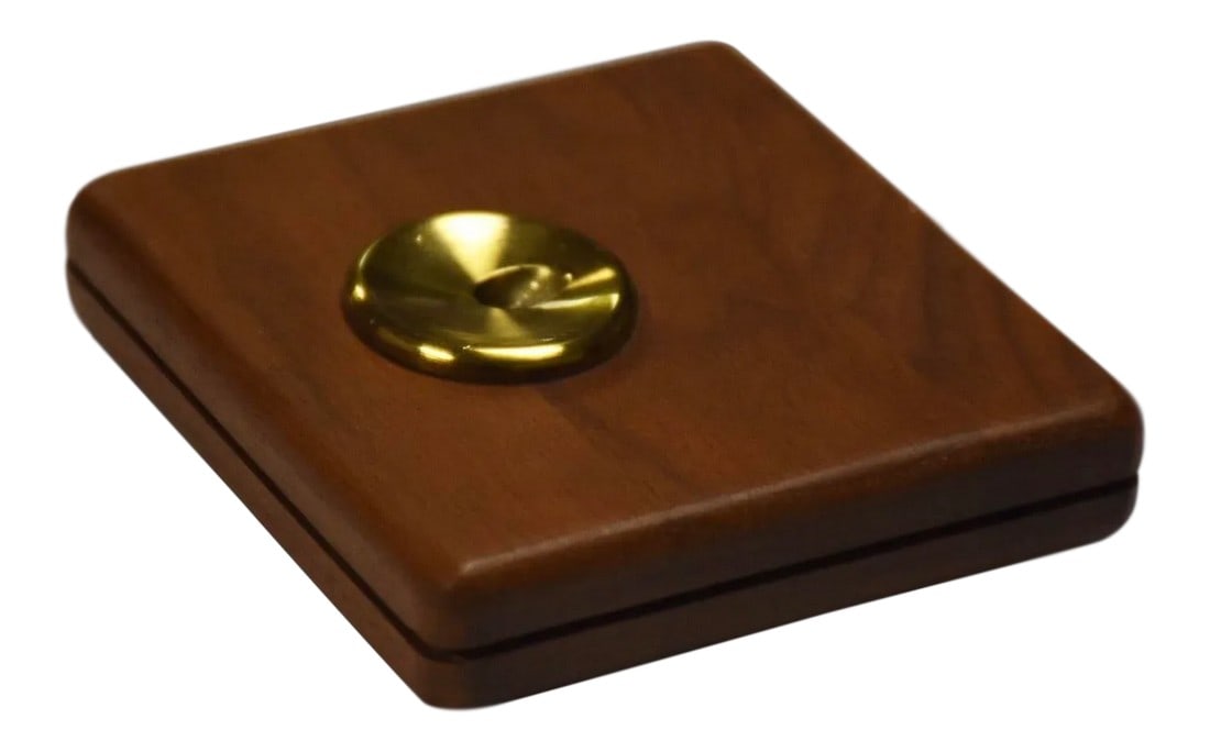 Walnut & Brass Feather Pen Holder: A mid century modern teak colored walnut and brass feather pen holder. 3.5" wide. 3.5" deep. 1" tall. Condition: Condition Notes: Excellent - Minor wear consistent with age and history 