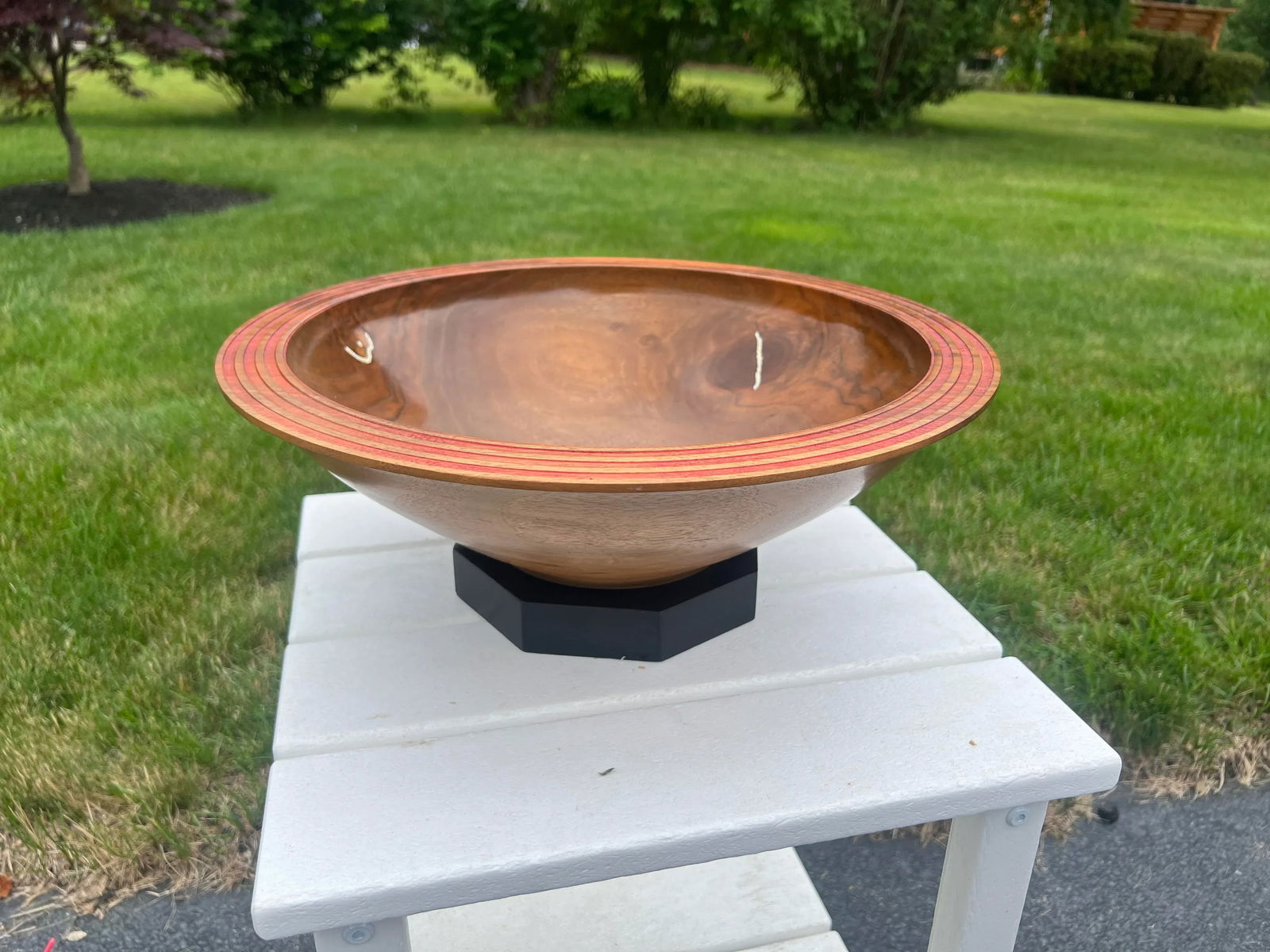 Large Modernist Artisan Made Inlaid Walnut Centerpiece Bowl on Stand - Signed - 11
