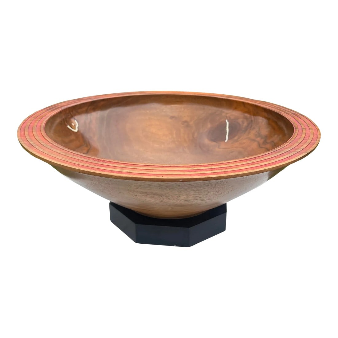 Large Modernist Artisan Made Inlaid Walnut Centerpiece Bowl on Stand - Signed: Large Modernist Artisan Made Inlaid Walnut Centerpiece Bowl on Stand - Signed This walnut centerpiece bowl is artisan made likely in the New England area with expert craftsmanship from the beveled