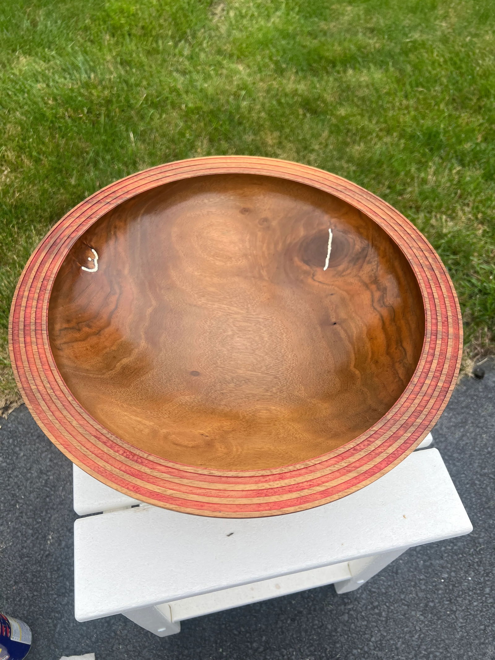 Large Modernist Artisan Made Inlaid Walnut Centerpiece Bowl on Stand - Signed - 7