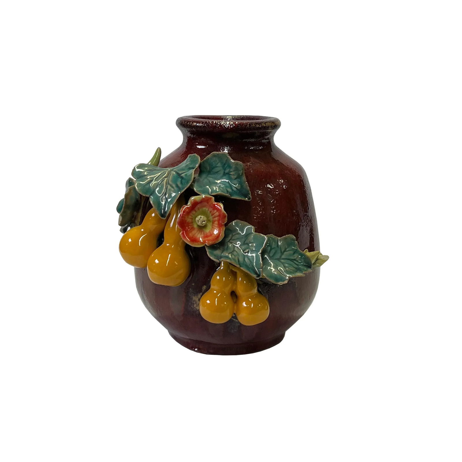 Chinese OxBlood Red Glaze Dimensional Flower Gourd Motif Vase - 6