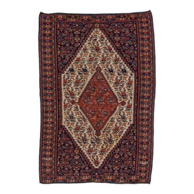 Blue Vintage Senneh Wool Rug With Medallon Motif