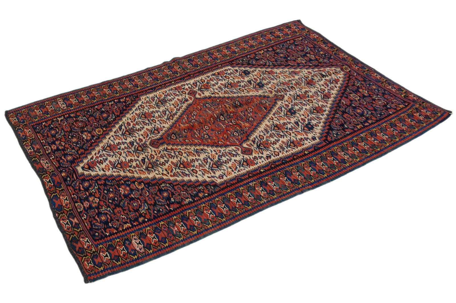 Blue Vintage Senneh Wool Rug With Medallon Motif - 2