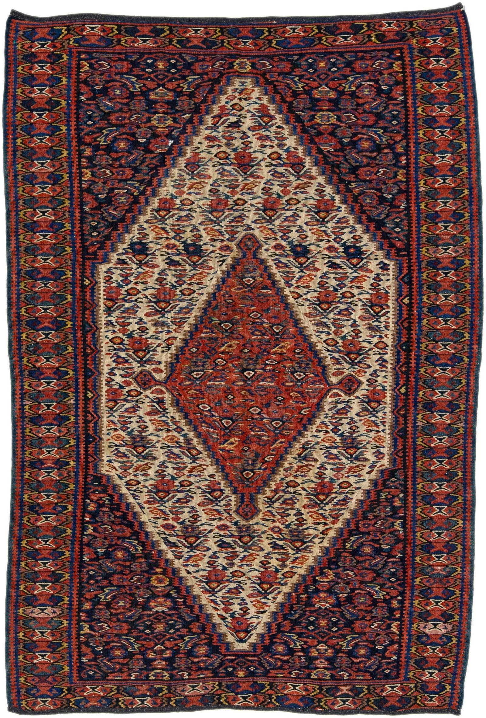 Blue Vintage Senneh Wool Rug With Medallon Motif - 7