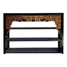 Chinese Black Golden Carving Rectangular Curio Display Stand Side Table