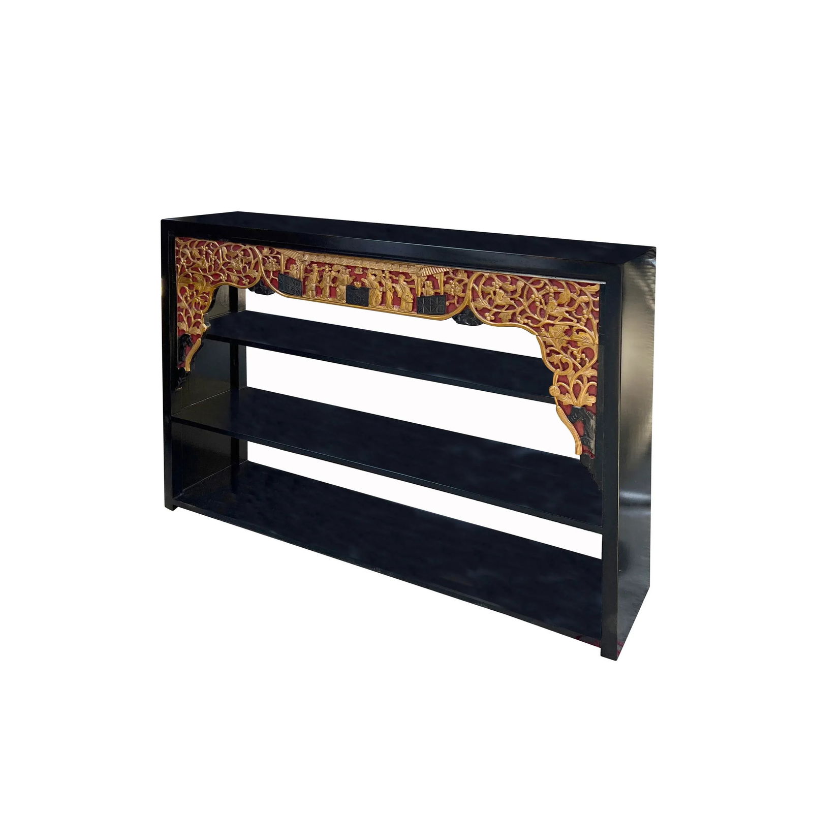 Chinese Black Golden Carving Rectangular Curio Display Stand Side Table - 4