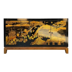 Black Golden Scenery Graphic Sideboard Buffet Console Table Cabinet