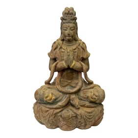 Rustic Wood Sitting Bodhisattva Kwan Yin Tara Buddha Statue Ws3066