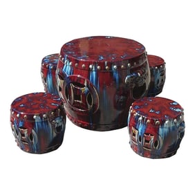 Out Door & in Door Chinese Red Clay Round Garden Tea Set - 5 Pieces