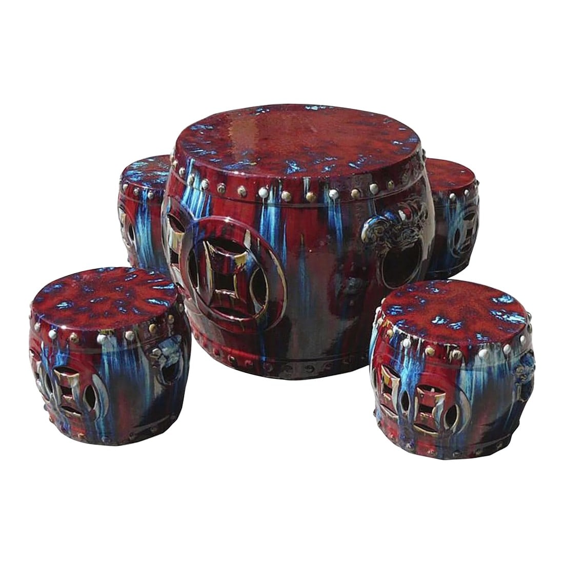 Out Door & in Door Chinese Red Clay Round Garden Tea Set - 5 Pieces: This is a Chinese garden table set that is made of clay and glazed with a brick red blue mix color. You can use it for drinking tea or playing chess in your garden. Particularly, it comes in a very ni