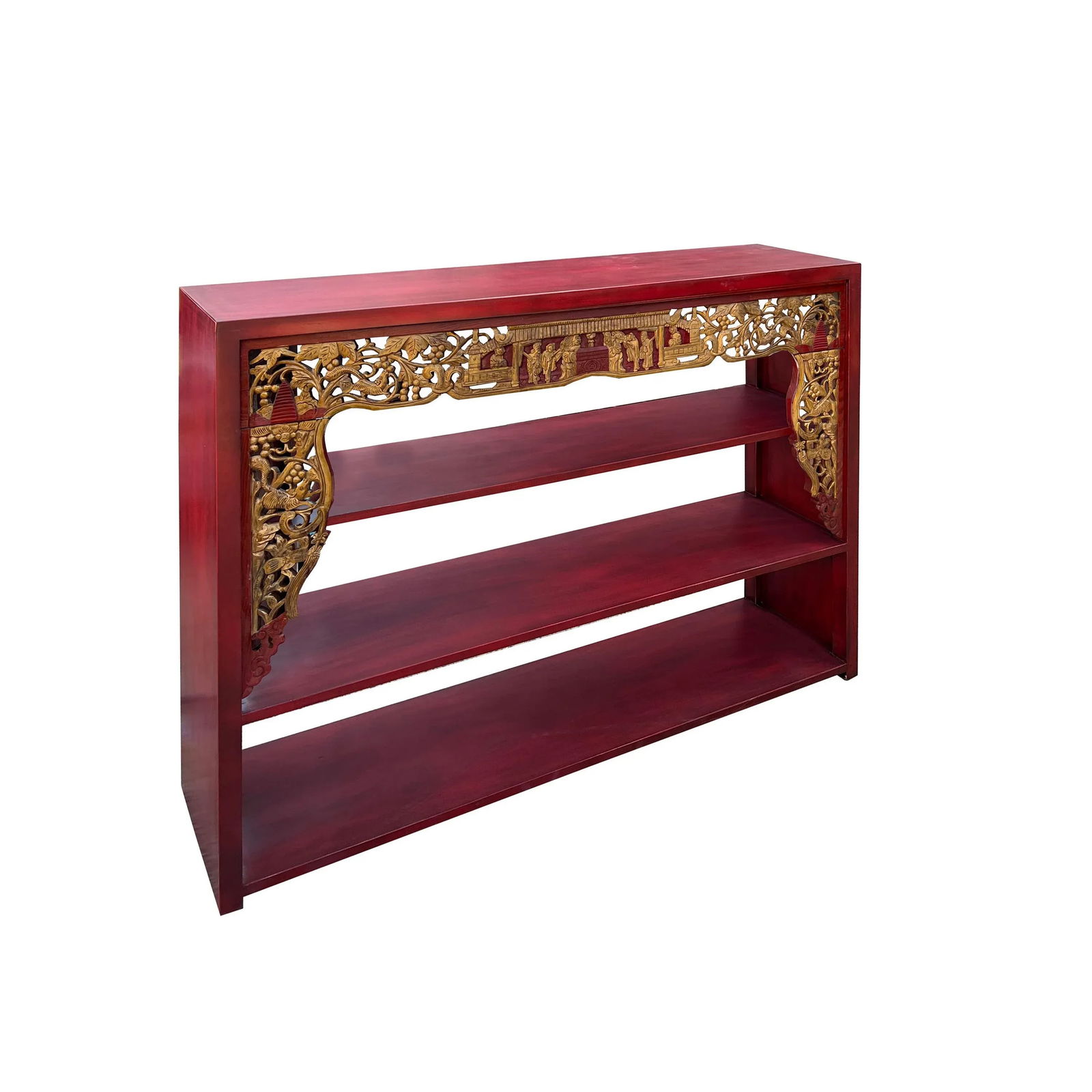 Chinese Red Golden Carving Rectangular Curio Display Stand Side Table - 2
