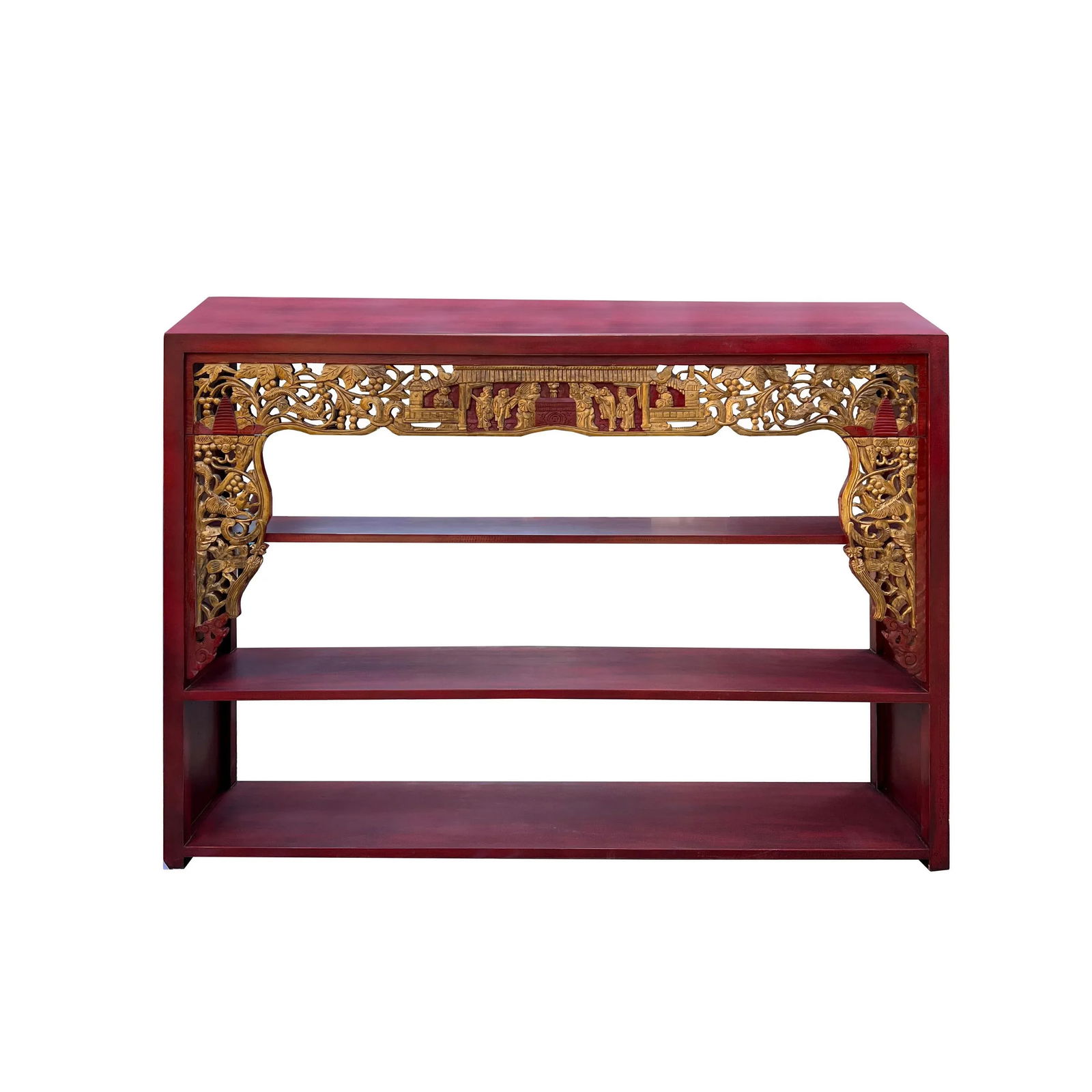 Chinese Red Golden Carving Rectangular Curio Display Stand Side Table - 5
