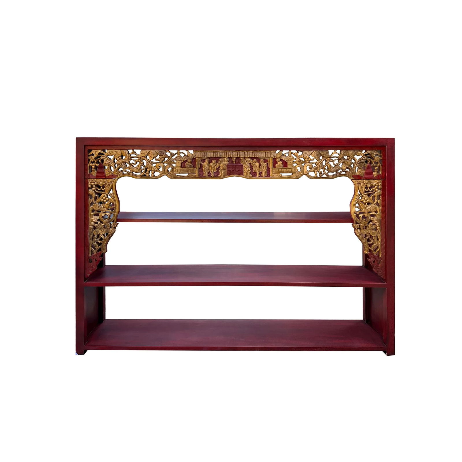 Chinese Red Golden Carving Rectangular Curio Display Stand Side Table - 6