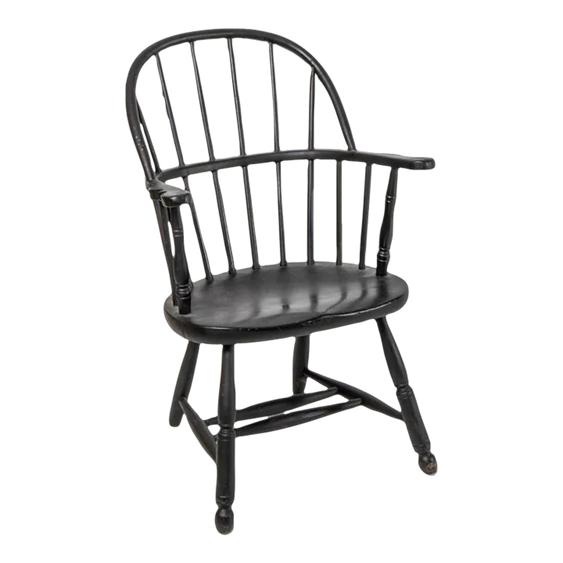 Artisan Benchmade Bow Back Continuous Arm Black Windsor Arm: Artisan benchmade bow back continuous arm black windsor arm chair. Hand crafted american oak bow back style windsor arm chair painted black. The chair features a bow back that is created by steaming