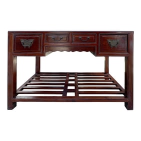 Vintage Oriental Brown 4 Drawers Writing Desk W Foot Panel