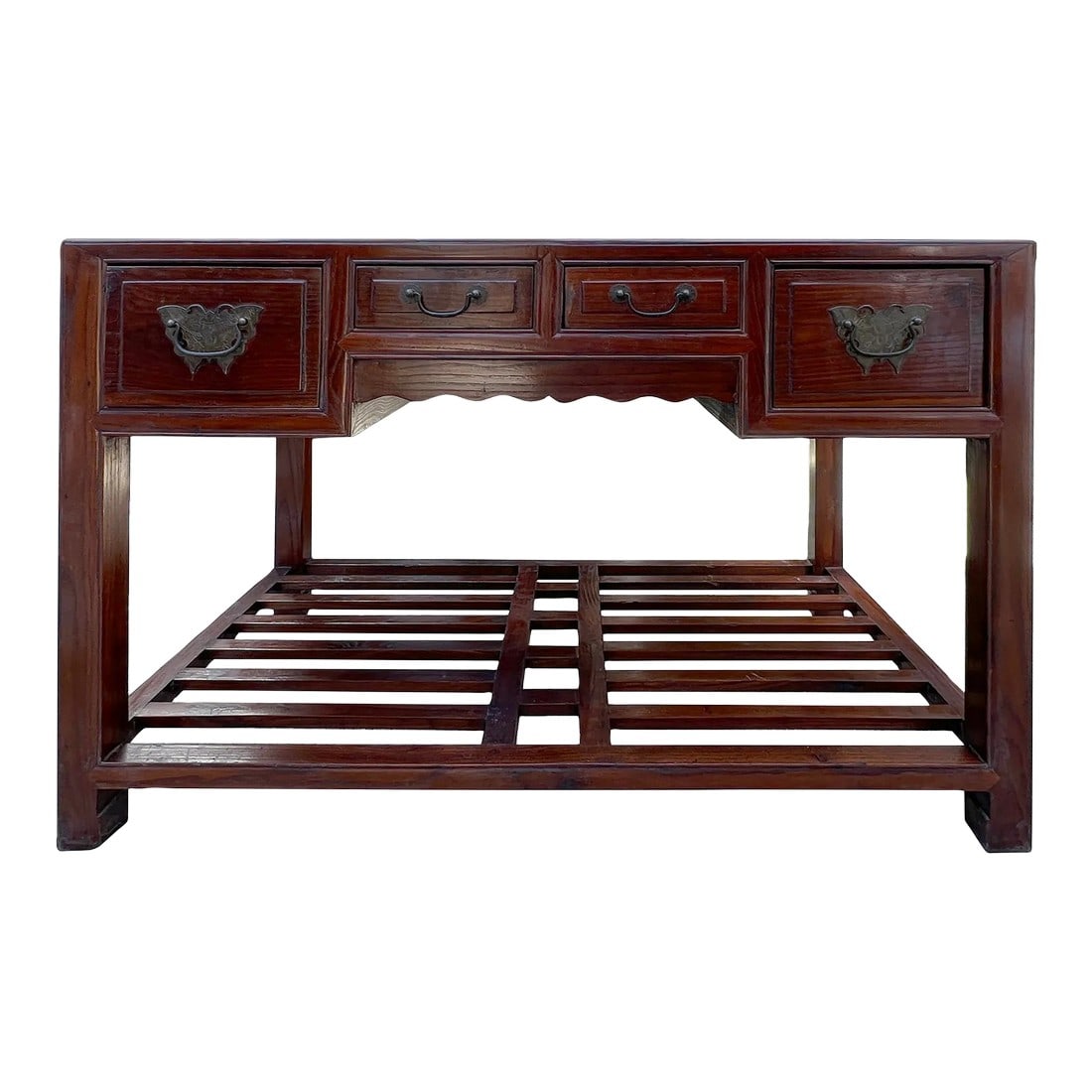 Vintage Oriental Brown 4 Drawers Writing Desk W Foot Panel: This is a simple vintage brown oriental style small writing desk with drawers and an open panel footrest. Drawers are decorated with an Asian-style handles. Dimensions: 45.5"x d27"x h30.5", center sea