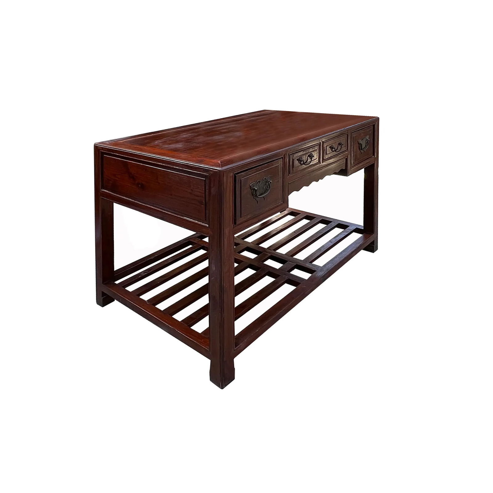 Vintage Oriental Brown 4 Drawers Writing Desk W Foot Panel - 3