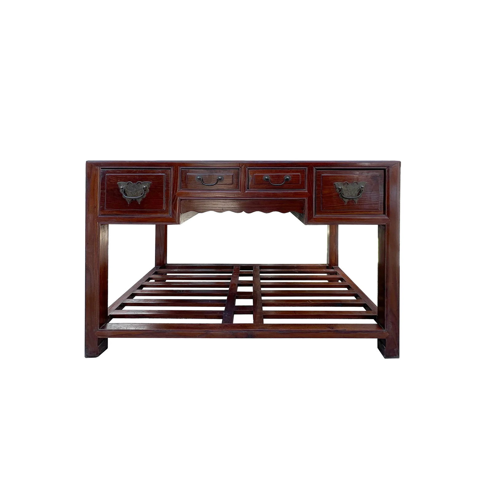 Vintage Oriental Brown 4 Drawers Writing Desk W Foot Panel - 6