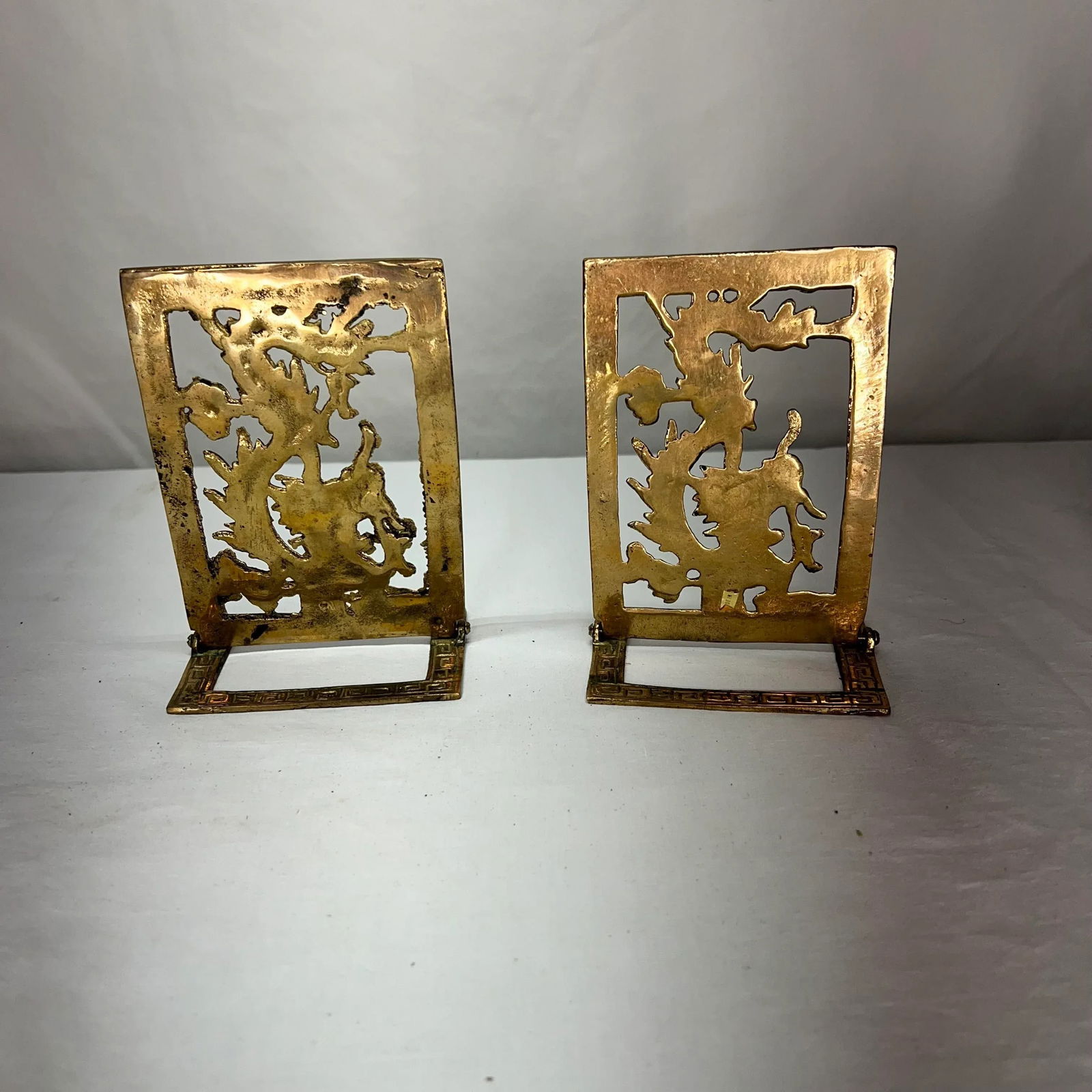 Vintage Dragon Design Brass Chinoiserie Bookends With Greek Key Border - 2