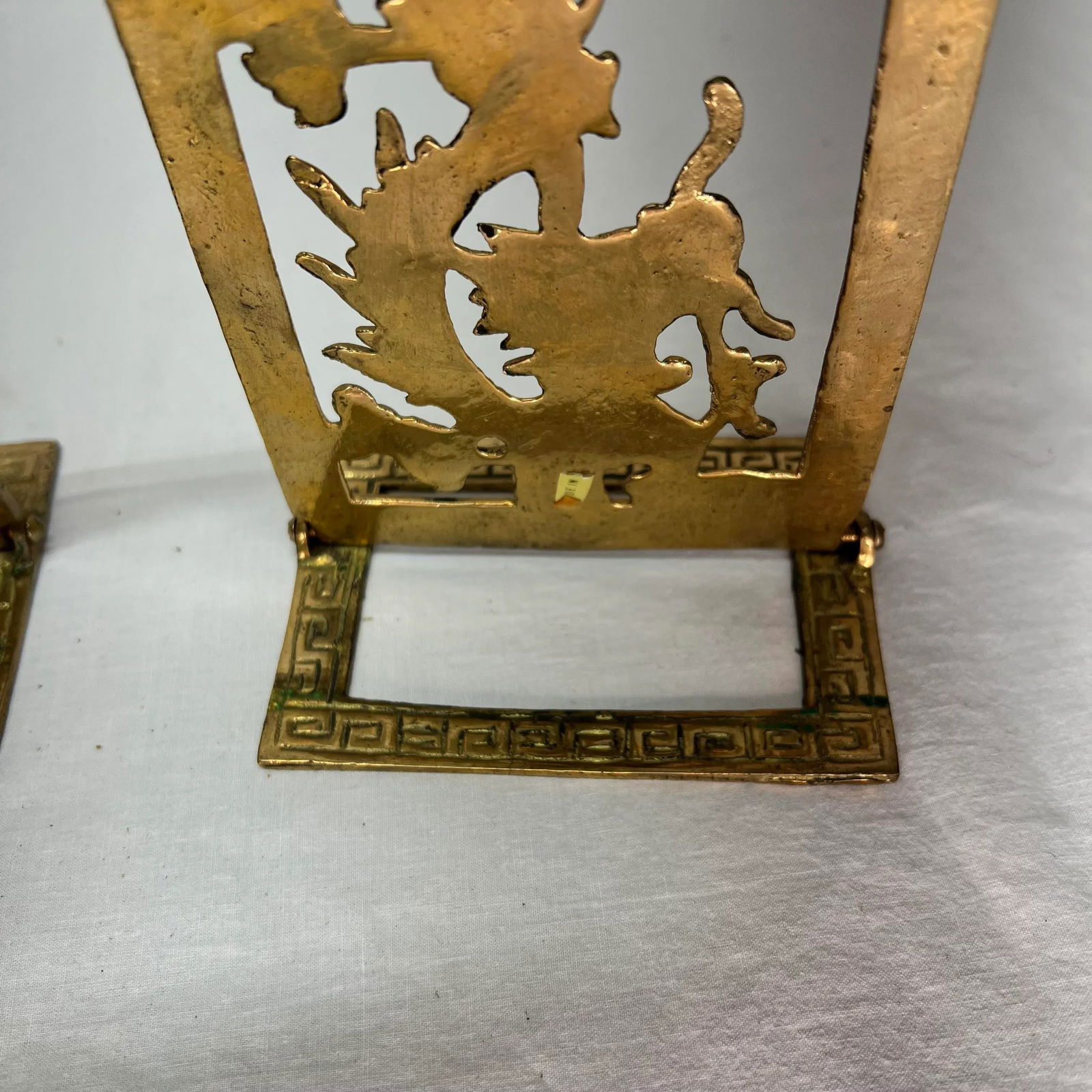 Vintage Dragon Design Brass Chinoiserie Bookends With Greek Key Border - 3