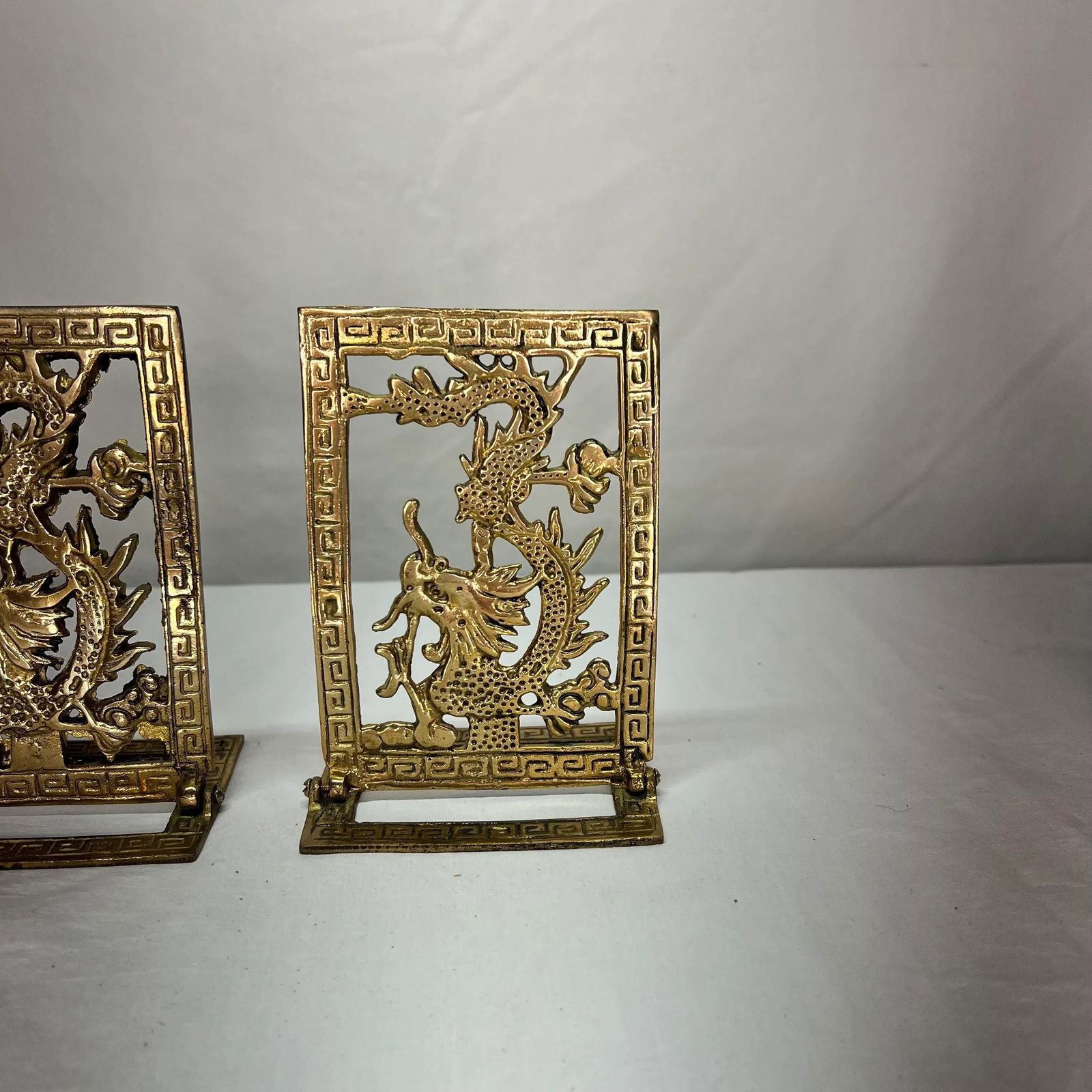 Vintage Dragon Design Brass Chinoiserie Bookends With Greek Key Border - 4