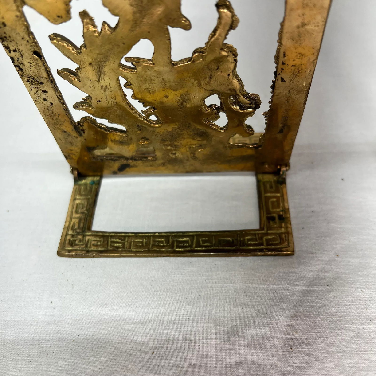 Vintage Dragon Design Brass Chinoiserie Bookends With Greek Key Border - 6