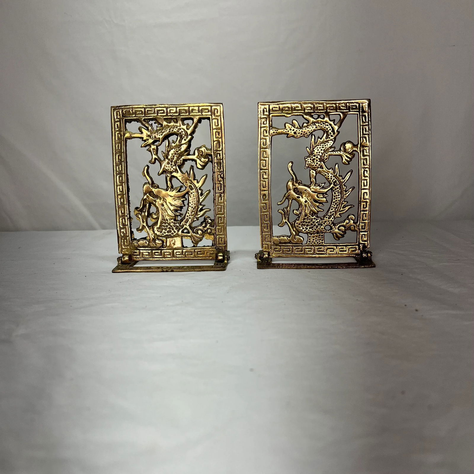 Vintage Dragon Design Brass Chinoiserie Bookends With Greek Key Border - 7