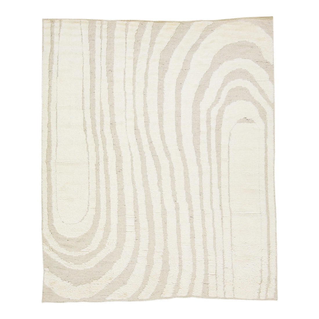 2020s Contemporary Moroccan Style Wool Rug in Ivory With Abstract Design: This hand-knotted wool rug exhibits a sophisticated contemporary Moroccan motif, gracefully displayed in a serene and understated Ivory hue. Masterfully arranged against a captivating background of