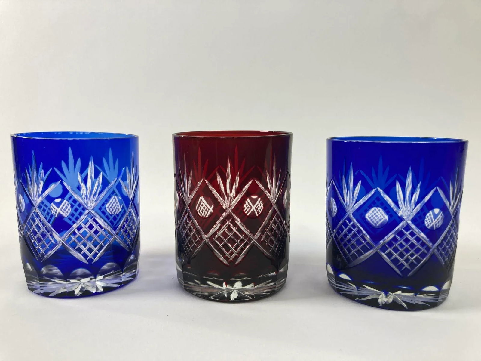Whiskey Crystal Glasses Tumbler Baccarat Style Blue and Red Cut 1970s - 13