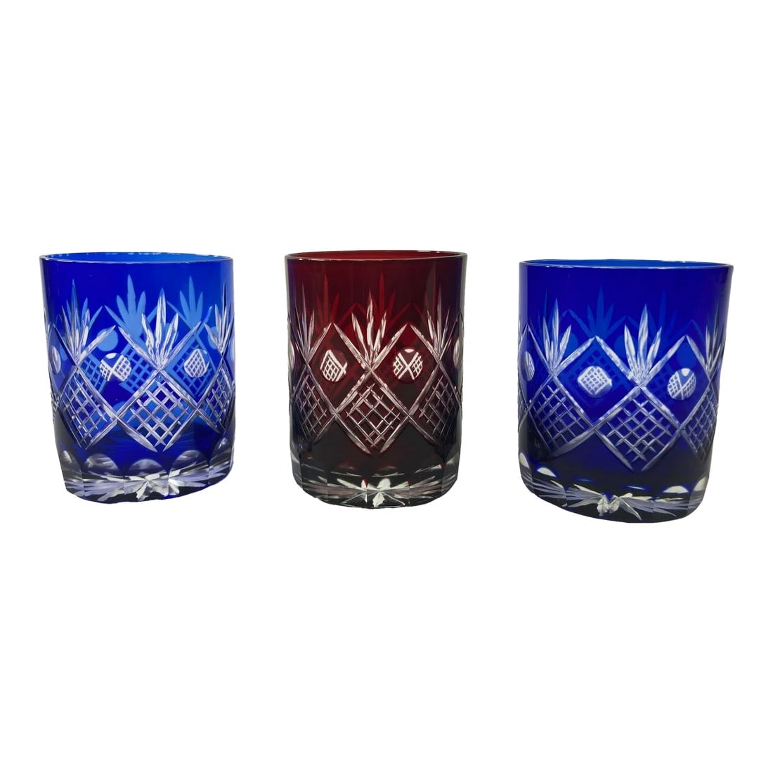 Whiskey Crystal Glasses Tumbler Baccarat Style Blue and Red Cut 1970s: Vintage 1970 Whiskey Glasses Tumbler Baccarat Style Sapphire Blue and Ruby Red Cut Crystal Set of 3. Set of three vintage whiskey glasses tumbler cobalt blue and ruby red crystal Baccarat style.