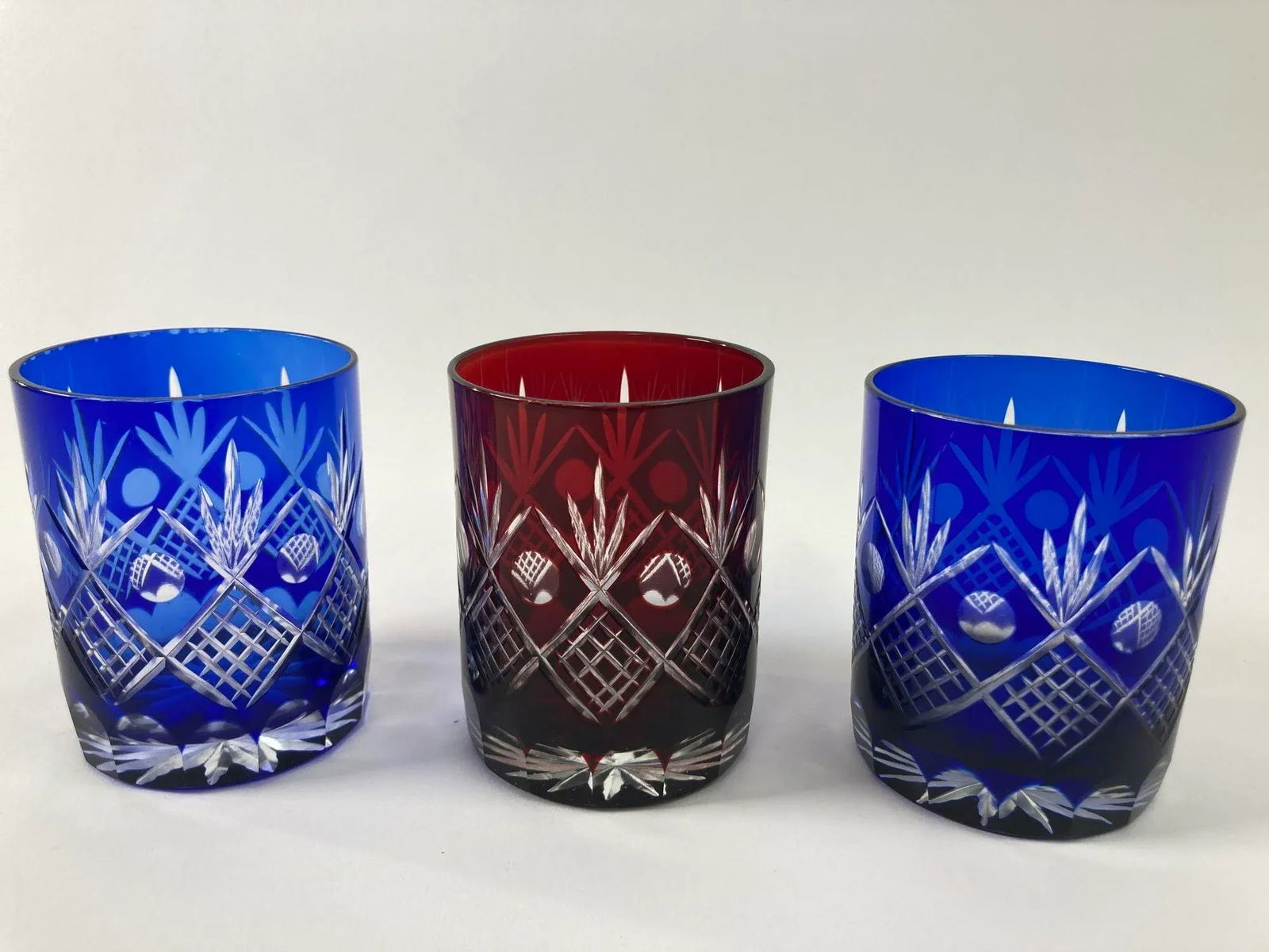 Whiskey Crystal Glasses Tumbler Baccarat Style Blue and Red Cut 1970s - 2