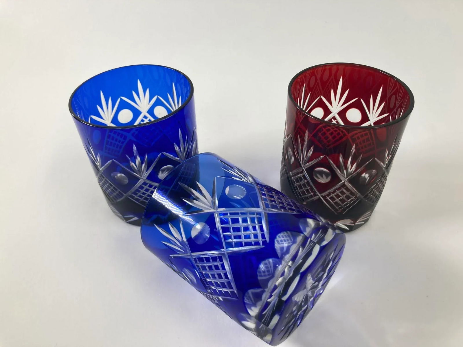 Whiskey Crystal Glasses Tumbler Baccarat Style Blue and Red Cut 1970s - 3