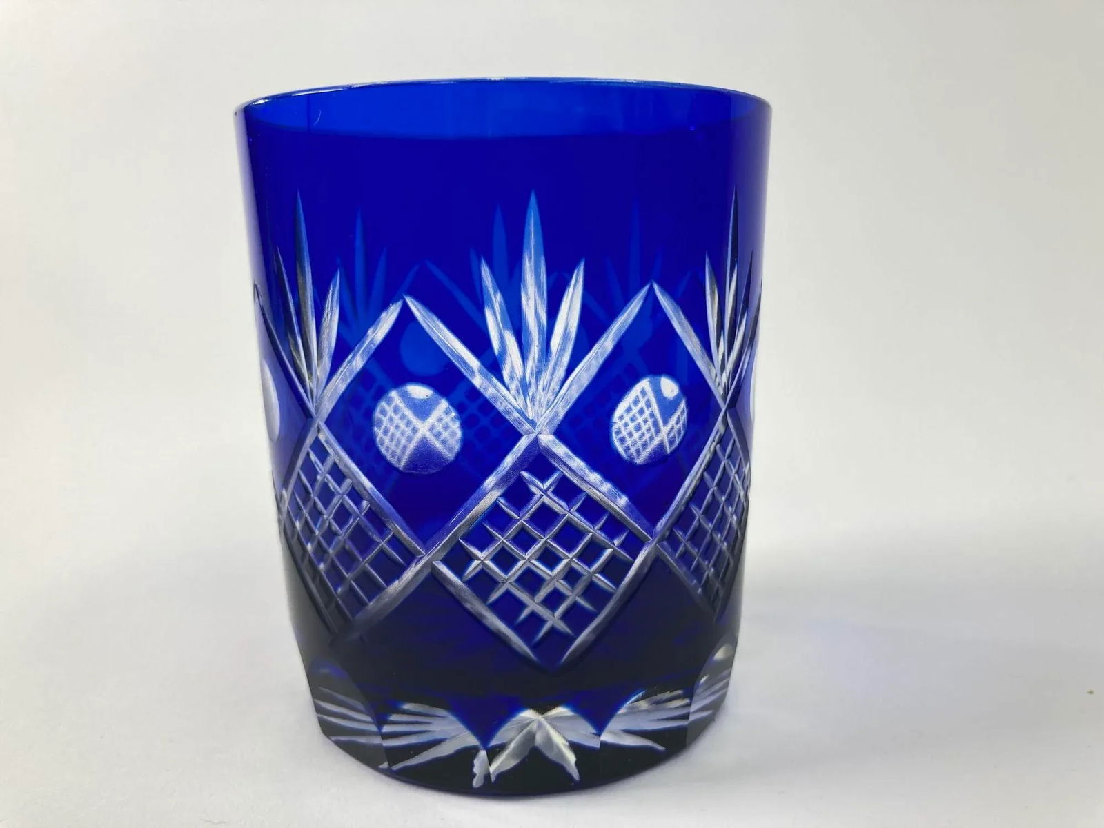 Whiskey Crystal Glasses Tumbler Baccarat Style Blue and Red Cut 1970s - 4