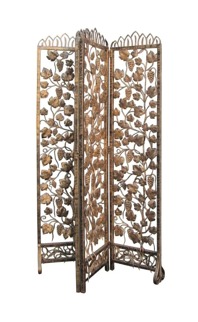 Handmade Golden Color Grape Leave Motif Metal Panel Screen Divider - 3