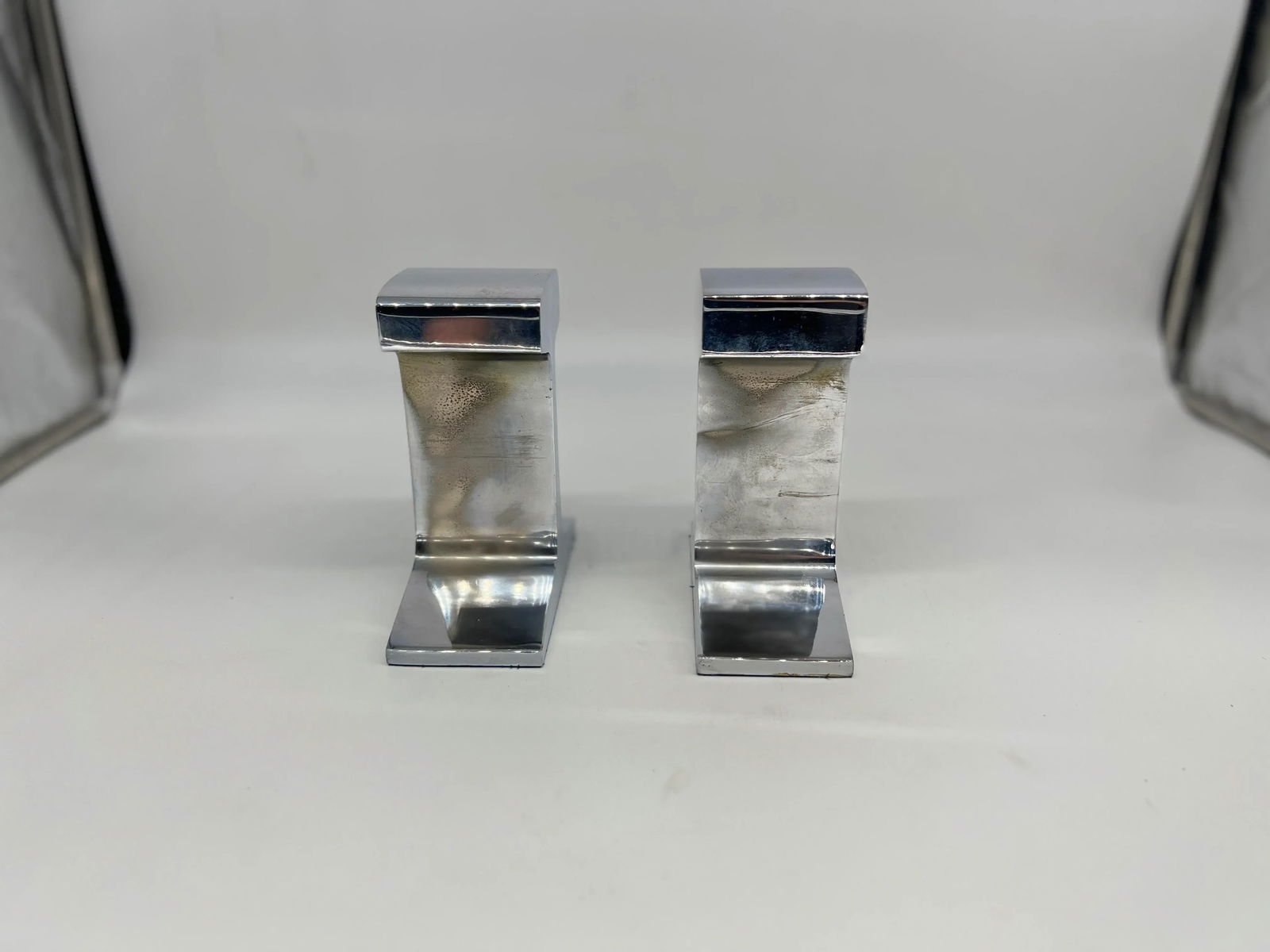Pair, Modernist Chromed Steel Railroad Tie Bookends Circa 1980 - 2