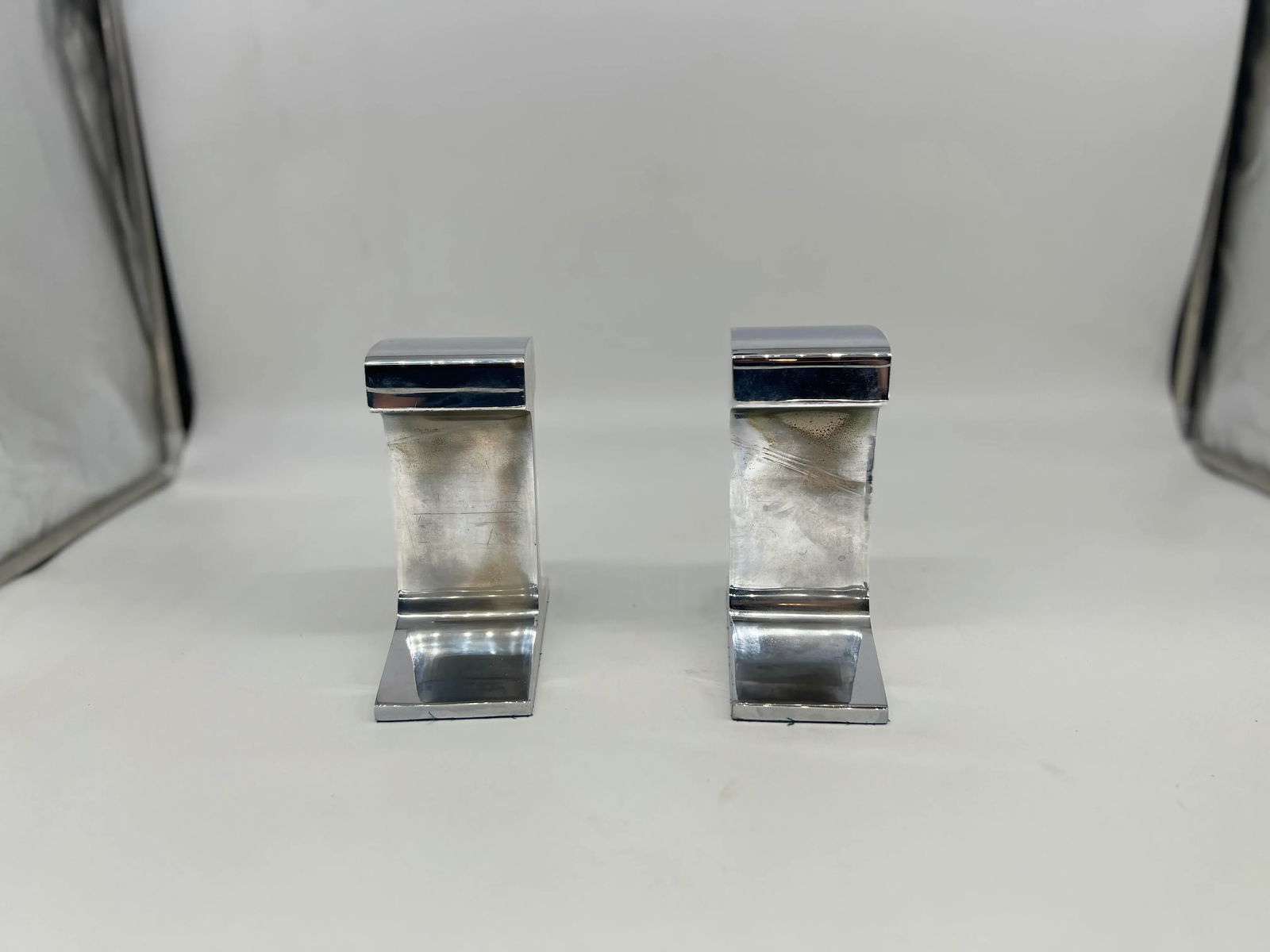 Pair, Modernist Chromed Steel Railroad Tie Bookends Circa 1980 - 4