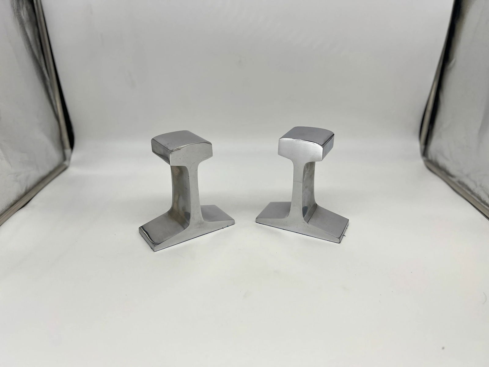 Pair, Modernist Chromed Steel Railroad Tie Bookends Circa 1980 - 9