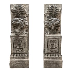 Chinese Pair Gray Stone Fengshui Foo Dogs Lions Door Block Statue