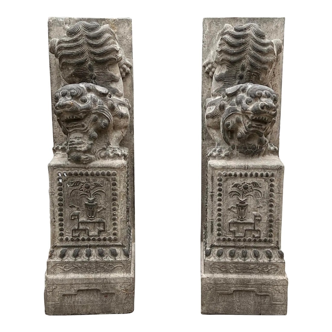 Chinese Pair Gray Stone Fengshui Foo Dogs Lions Door Block Statue: This is a pair of traditional Chinese door block statues at the front door. They have a Fengshui purpose as well as a door base of wooden doors. It is a charming meaningful Fengshui statue at the home