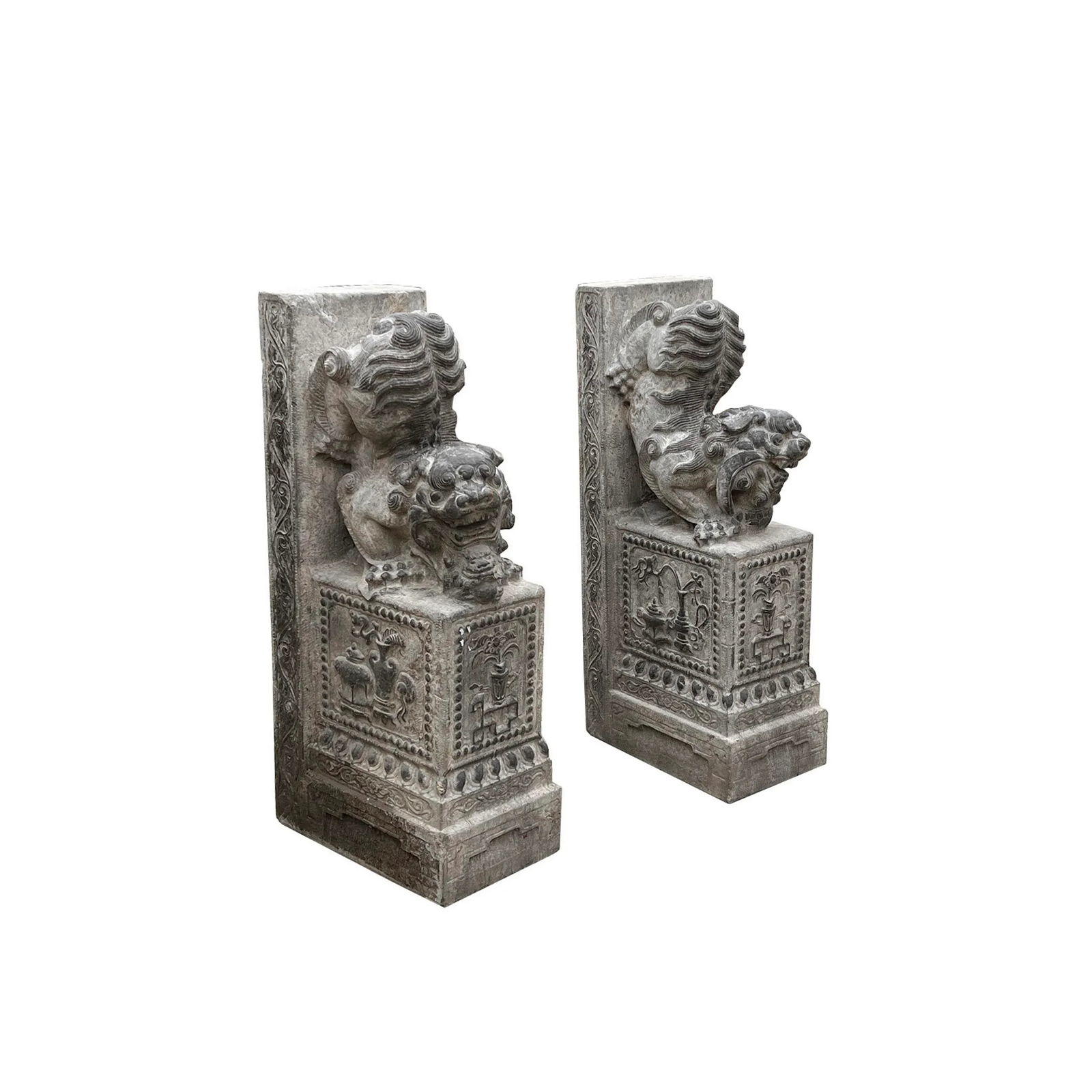 Chinese Pair Gray Stone Fengshui Foo Dogs Lions Door Block Statue - 3