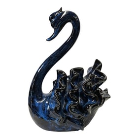 Ceramic Clay Navy Blue Wave Ribbon Feather Swan Art Figure