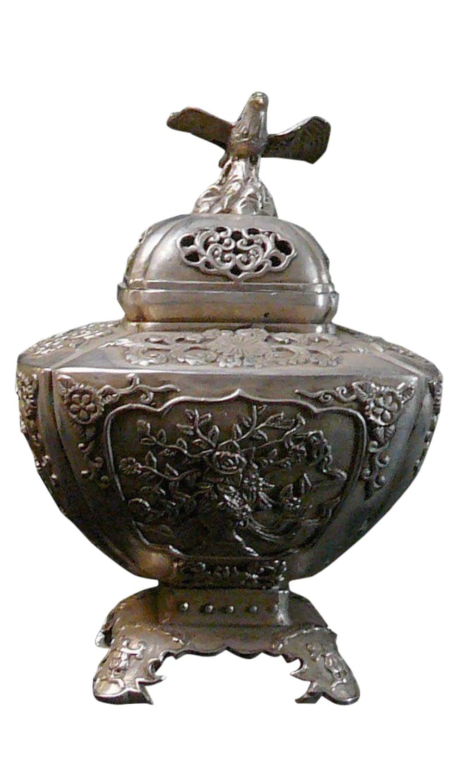 Silver Coating Artisitic Square Vase Shape Incense Burner Display: Handmade square vase shape incense burner with eagle top, this unique incense burner is made of metal with silver coating, great for Feng Shui and any room decoration. Dimensions: 7"x 7"x h9.75"