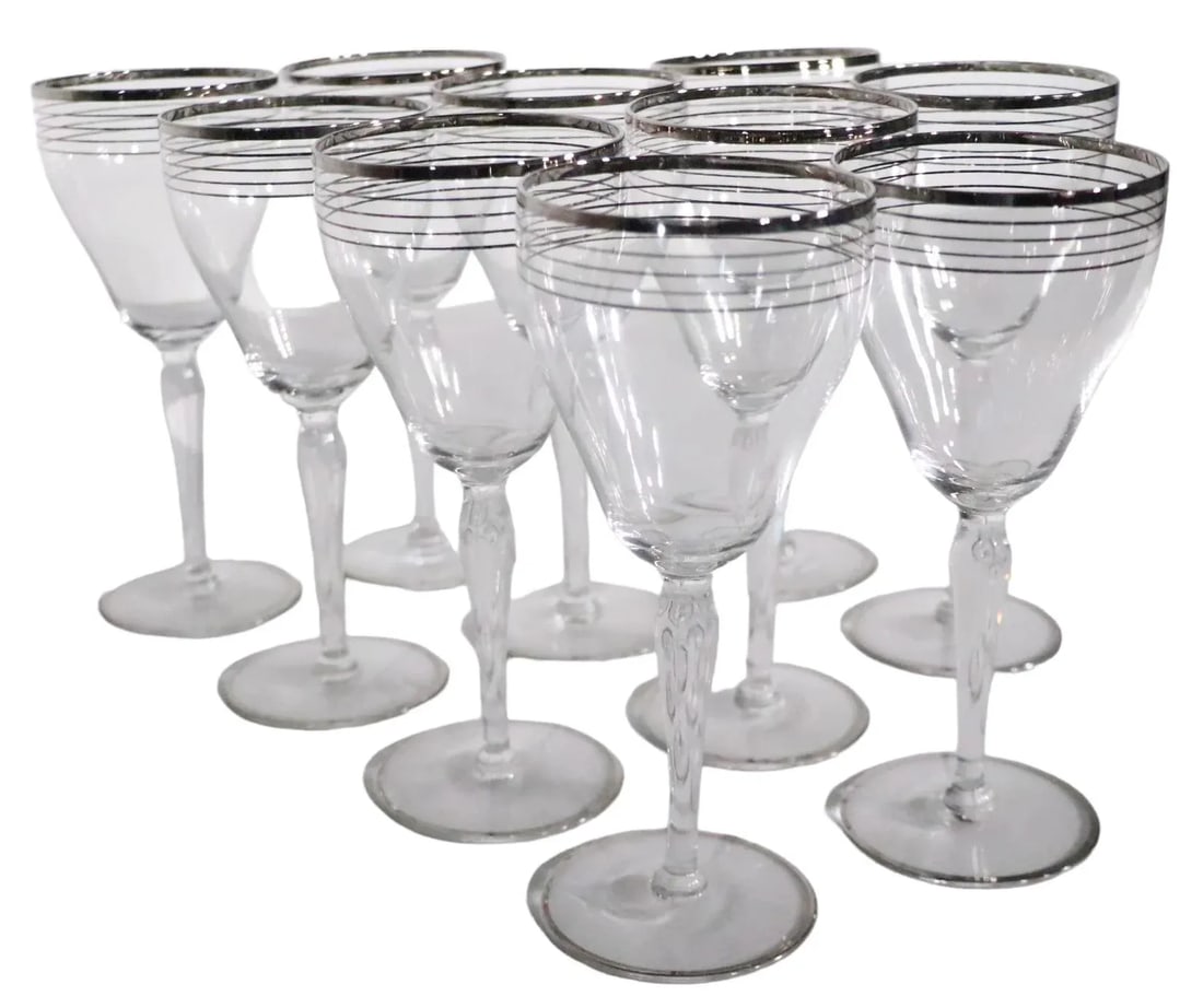 Large Set of 33 Silver Band Stemware Wine, Water, Champagne Glasses After Dorothy Thorpe C 1950's - 11