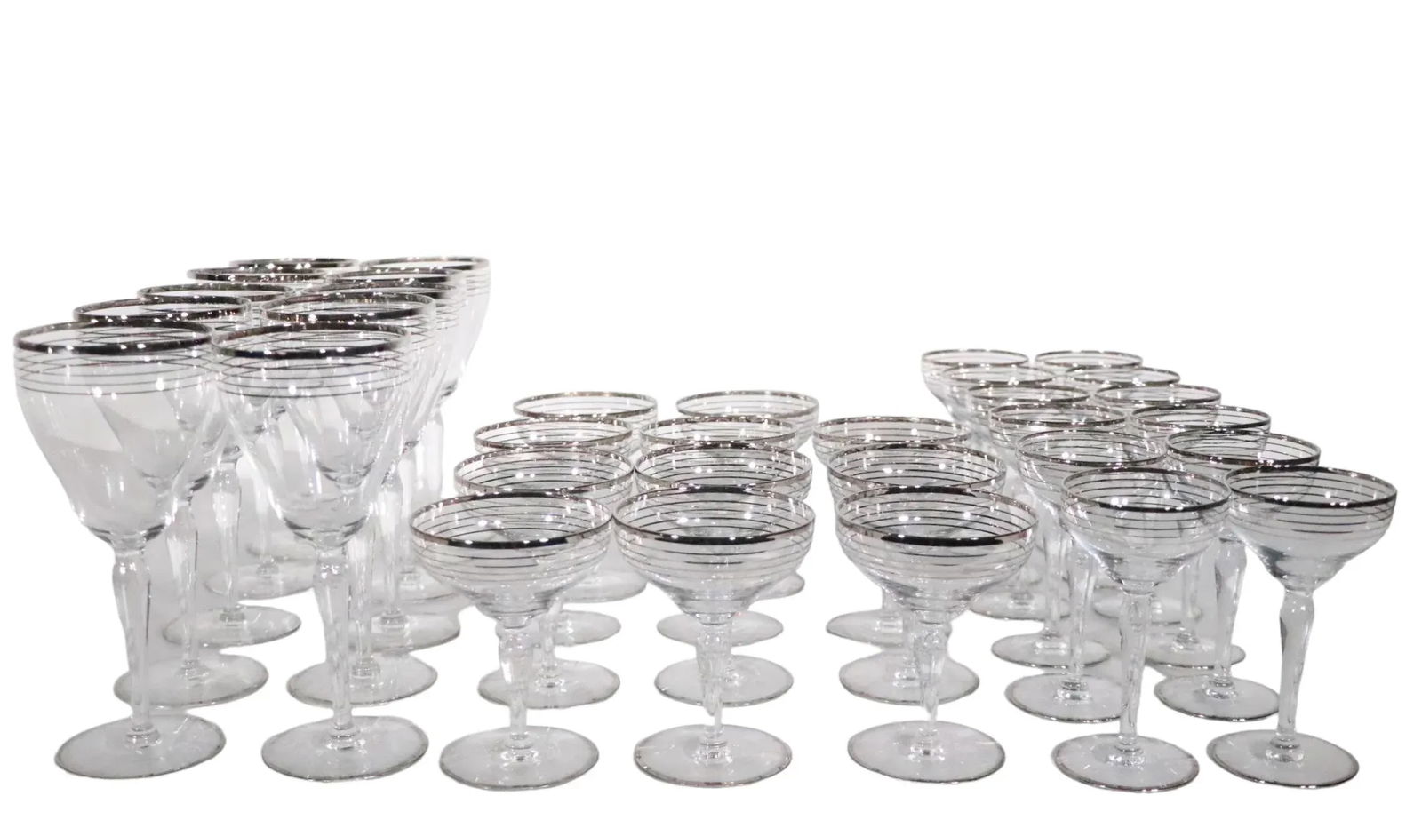 Large Set of 33 Silver Band Stemware Wine, Water, Champagne Glasses After Dorothy Thorpe C 1950's - 12