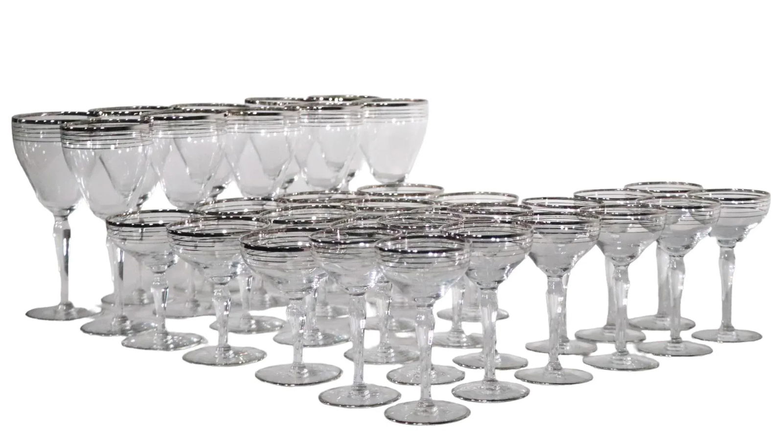 Large Set of 33 Silver Band Stemware Wine, Water, Champagne Glasses After Dorothy Thorpe C 1950's - 13