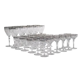 Large Set of 33 Silver Band Stemware Wine, Water, Champagne Glasses After Dorothy Thorpe C 1950's