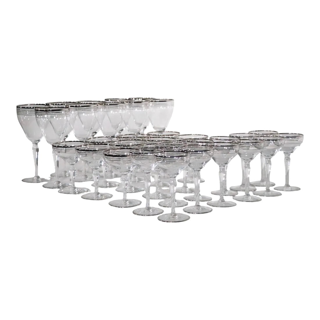 Large Set of 33 Silver Band Stemware Wine, Water, Champagne Glasses After Dorothy Thorpe C 1950's: Large set of silver band stemware to include three sizes, as follows. 10 Water Glasses ( Dia. 3.25" x H 7.75" x Dia. at Base 3" ) 12 Wines ( Dia. 2.75" x H 5.25" x Dia. at Base 2.5" ) 11 Saucer