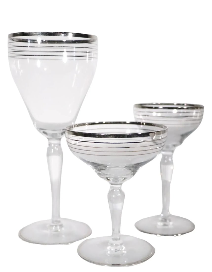 Large Set of 33 Silver Band Stemware Wine, Water, Champagne Glasses After Dorothy Thorpe C 1950's - 2