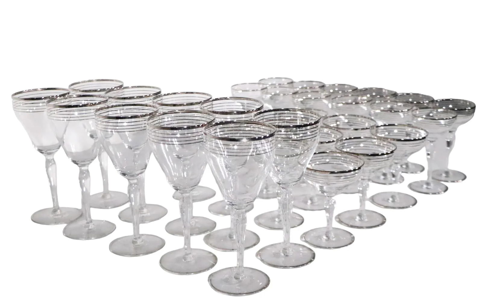 Large Set of 33 Silver Band Stemware Wine, Water, Champagne Glasses After Dorothy Thorpe C 1950's - 4