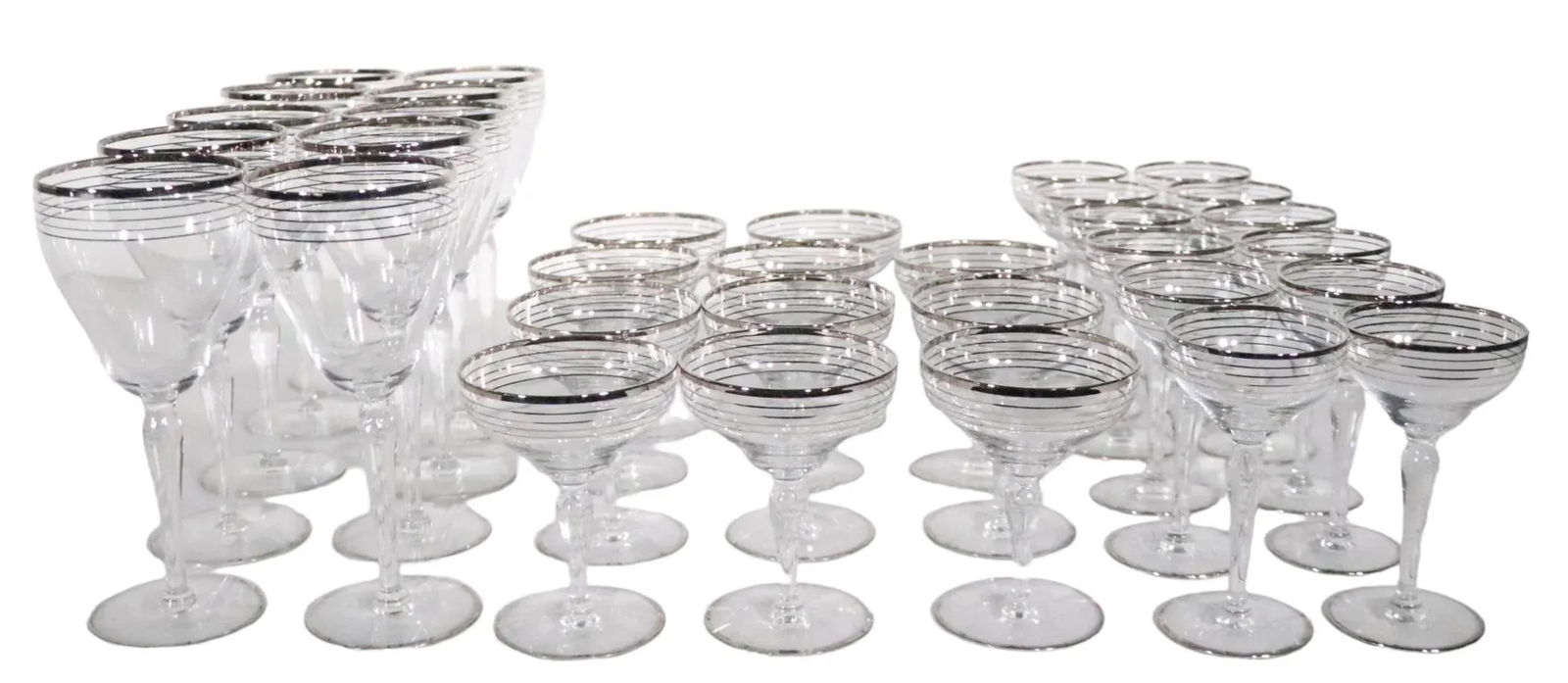 Large Set of 33 Silver Band Stemware Wine, Water, Champagne Glasses After Dorothy Thorpe C 1950's - 5